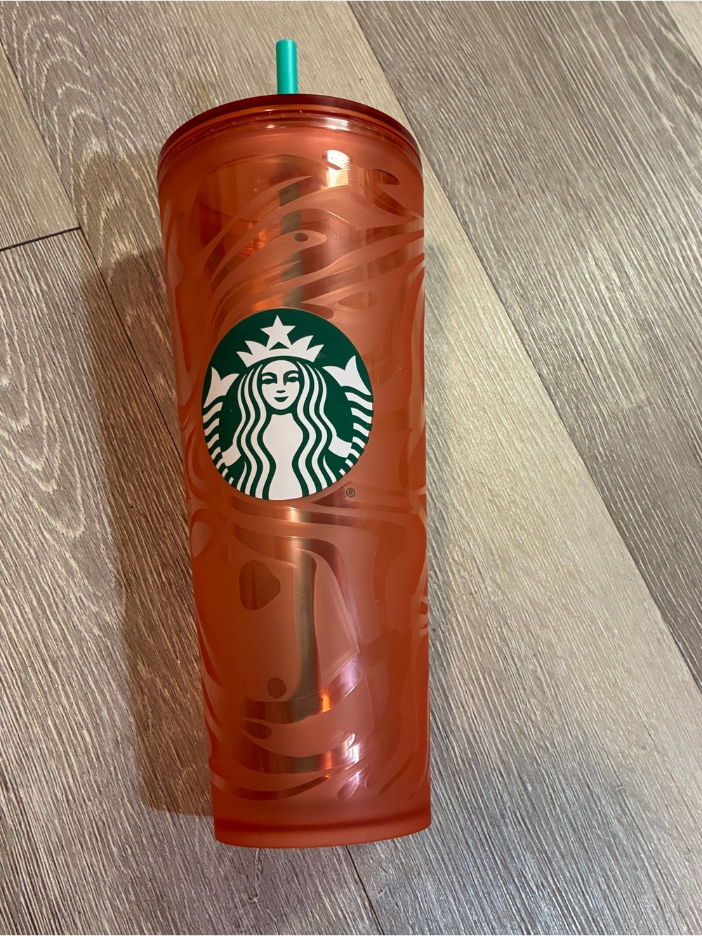 Starbucks Orange Tumbler with Green Logo and Teal Straw